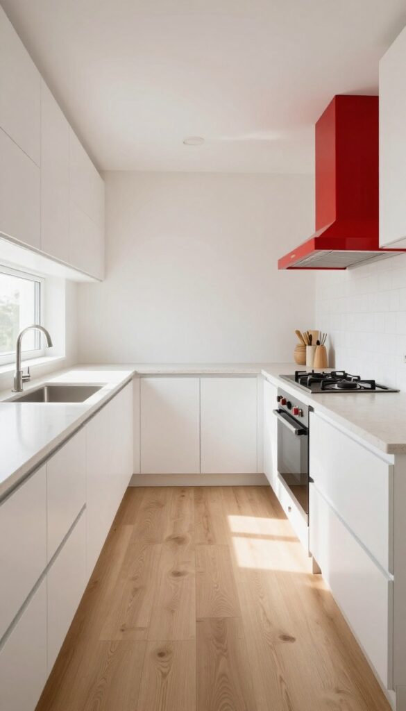 Narrow kitchen with white cabinetry and a bold red range hood as the single accent