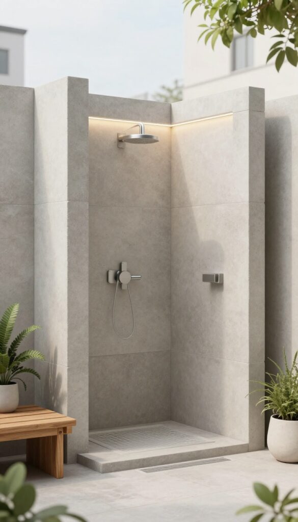 Minimalist concrete block outdoor shower design with stacked blocks, subtle lighting, and potted plants in a modern backyard setting.