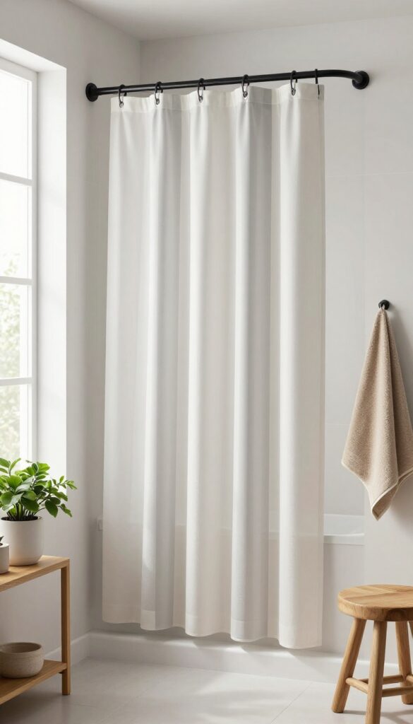 A waterproof shower curtain with subtle vertical stripes in a bright, minimalist bathroom, enhancing the sense of space with clean lines and neutral decor.