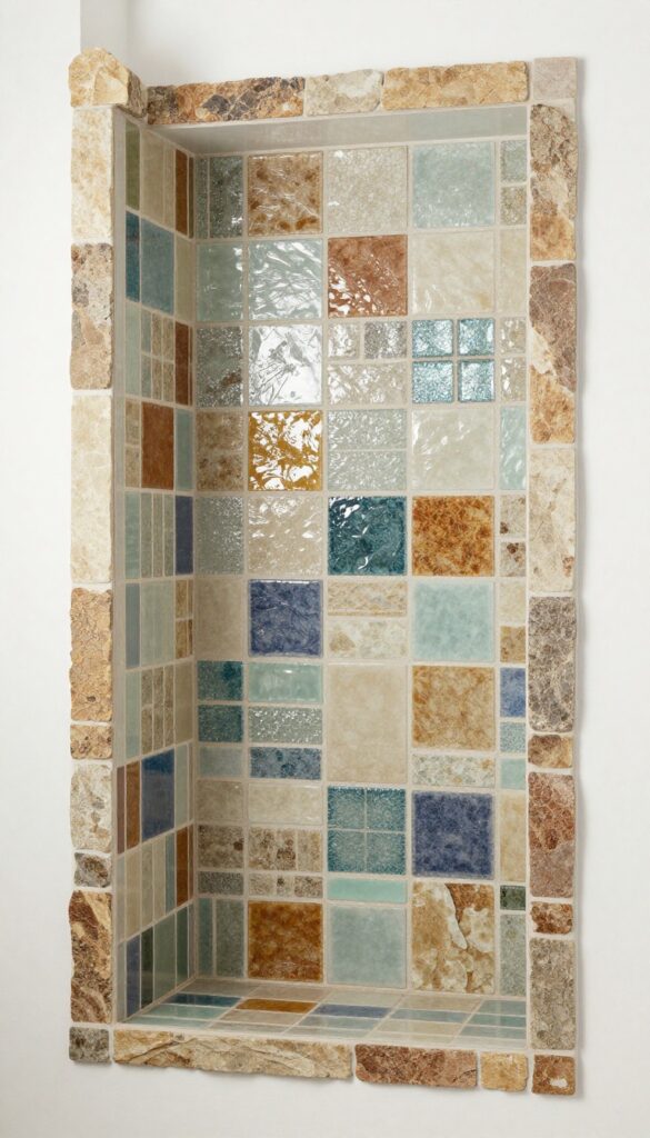 A shower niche featuring a mixed material mosaic of glass, stone, and ceramic tiles in bright natural light.