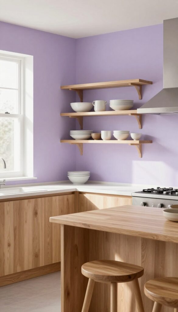 Lavender kitchen wall with light oak shelves and countertop