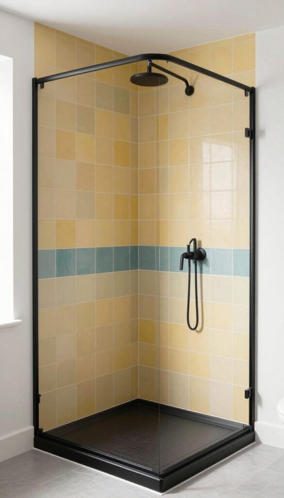 A neo angle shower with bold wall tiles in a bright, clean bathroom setting