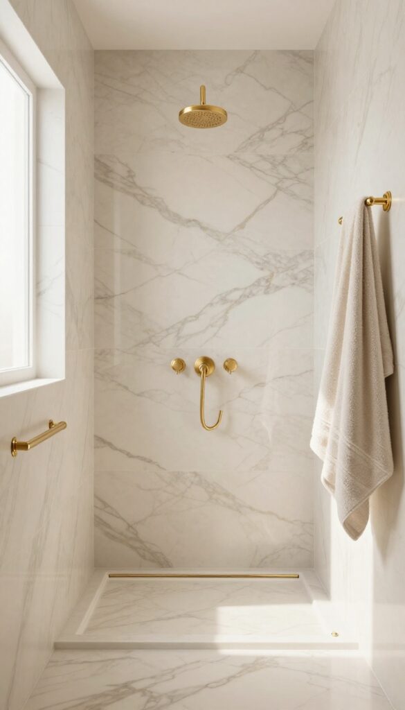 A luxurious walk-in shower with creamy Calacatta marble walls and gold fixtures in bright natural light