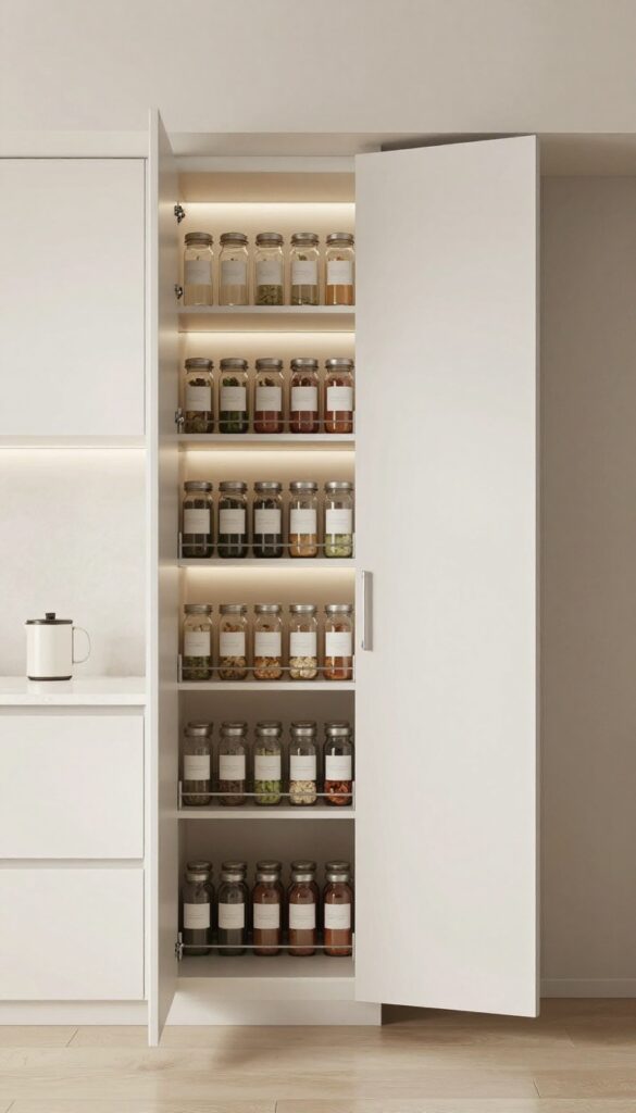 Tall kitchen cabinet with pull-out spice racks organized with clear jars and LED lighting
