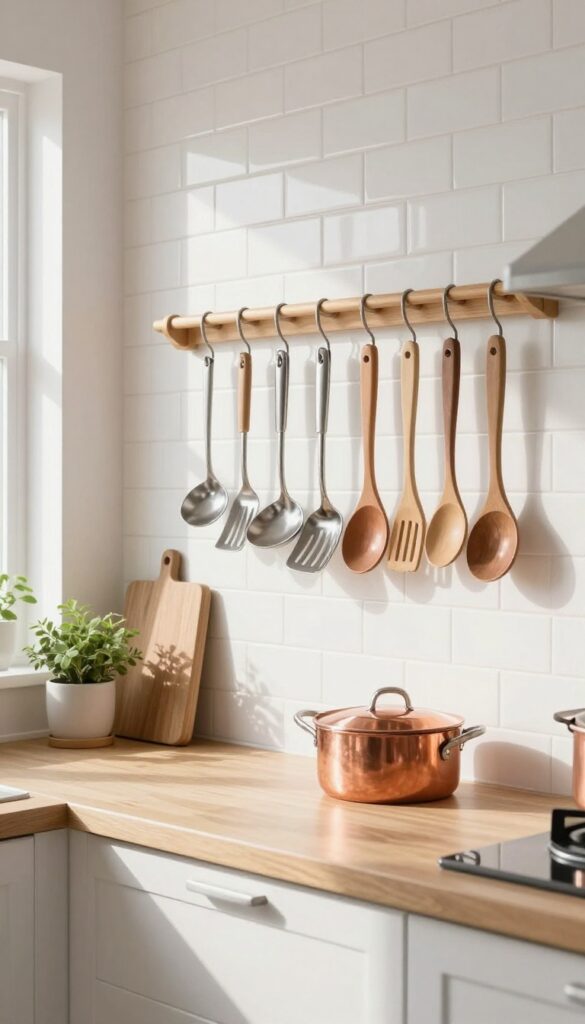 Small kitchen with peg rail system hanging copper cookware and utensils above a clean countertop