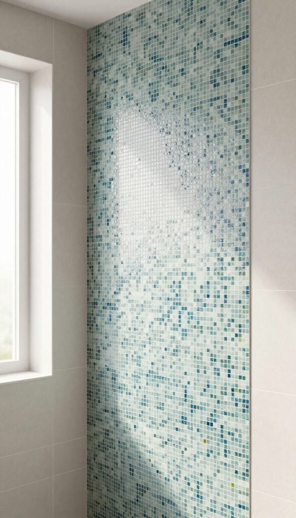 Close-up of a mosaic tile inlay on a shower half wall, showcasing artistic patterns in blue and green tones under natural light.