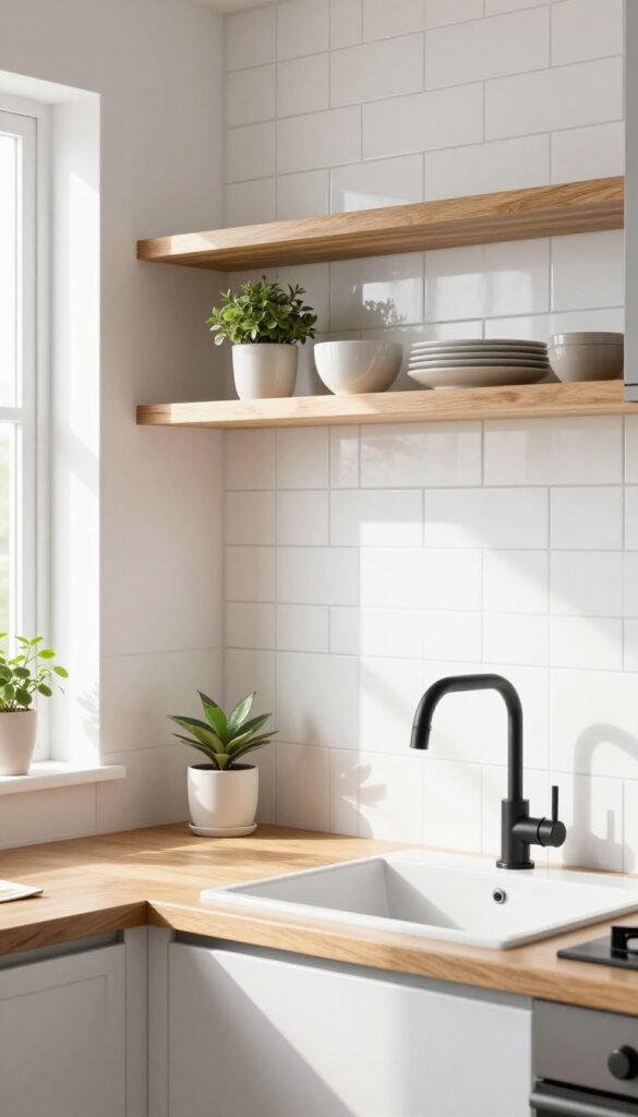 White subway tile backsplash in vertical stack pattern with warm wood shelves and matte black fixtures in a bright kitchen.
