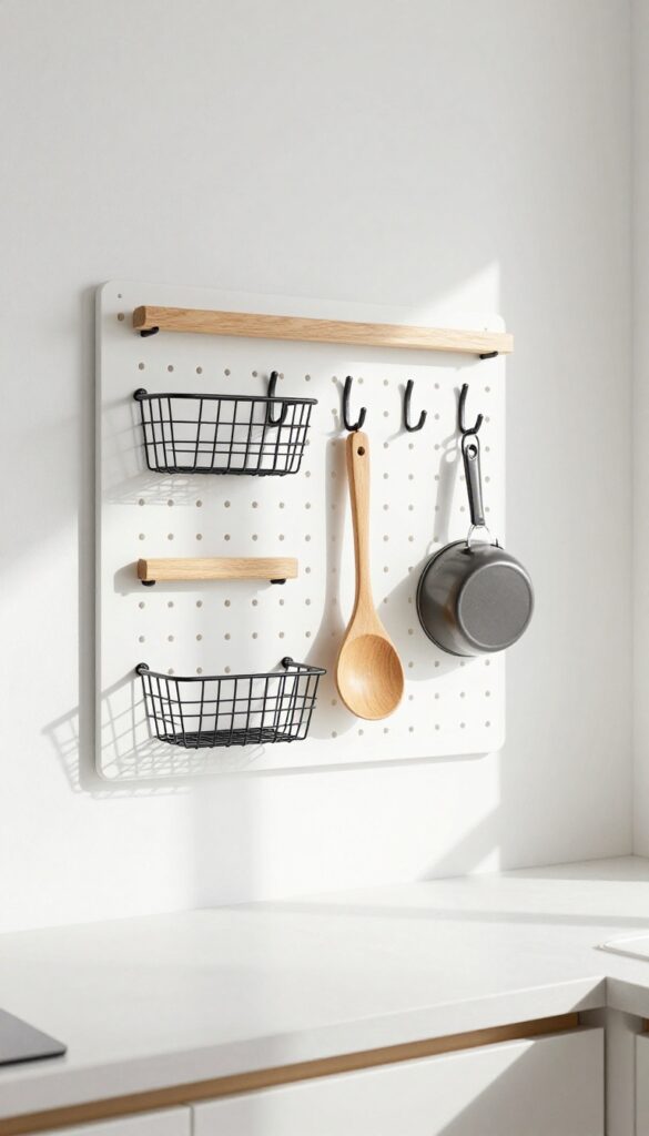 Small kitchen with white pegboard wall holding hooks and baskets for flexible storage