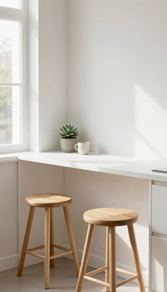 Window-ledge breakfast bar with stools and coffee mug in bright kitchen