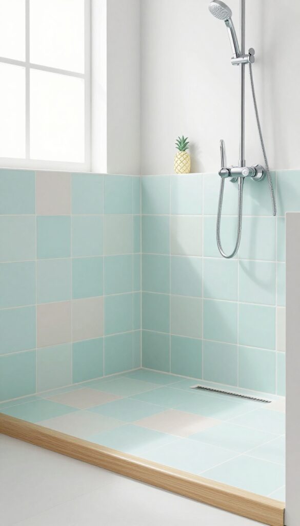 Photorealistic image of a bathroom shower floor with pastel mint and blush tiles in natural light, showcasing a serene and polished design for home decor inspiration.