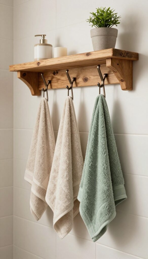 Rustic wooden shelf with hooks in a bright bathroom, holding towels and accessories for farmhouse-style decor.