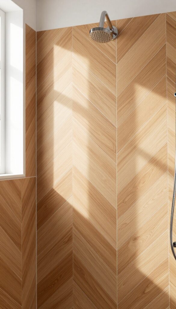 Close-up of herringbone wood tile shower wall in warm oak with natural lighting, showcasing elegant pattern and minimalist bathroom design.