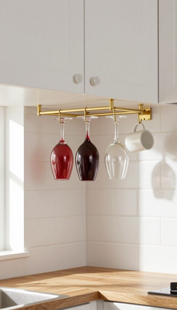 Under-cabinet wine glass rack with hooks holding glasses and mugs in a bright kitchen