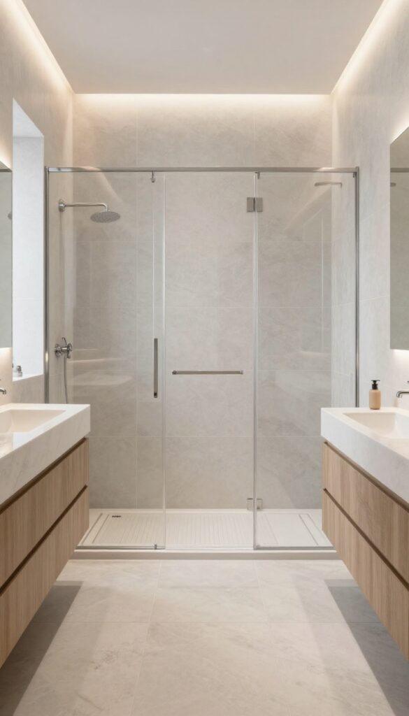 A photorealistic bathroom scene featuring heated floors in a curbless shower setup with neutral tiles and cozy accents.