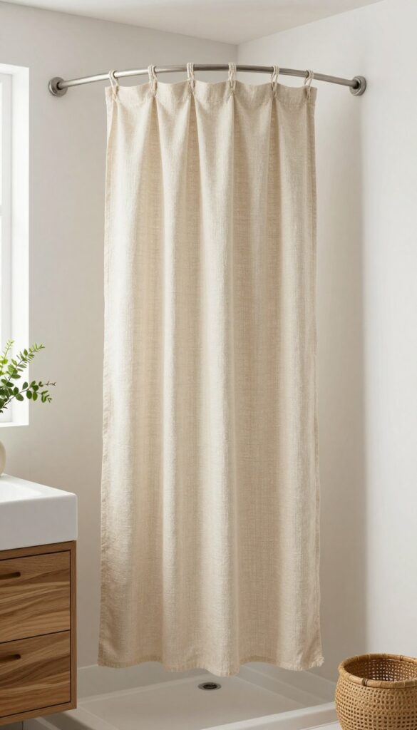 Hanging macramé or fabric panels on a shower wall for a bohemian touch in a bright bathroom