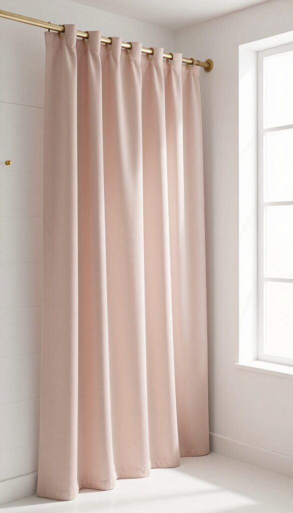 A tall blush or clay-toned shower curtain in a bright, minimalist bathroom with natural light and warm accents.