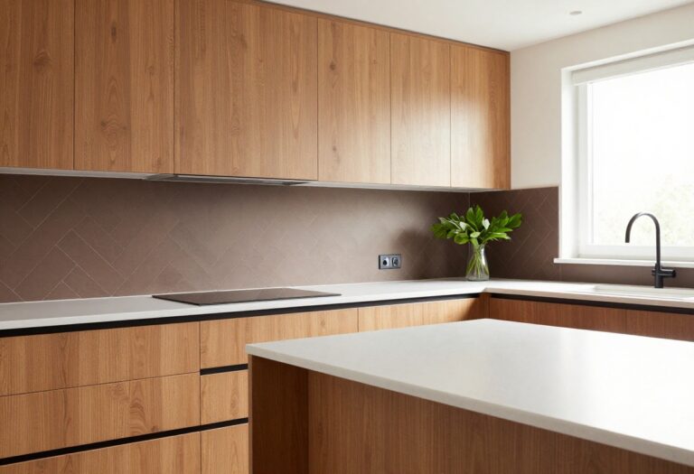 Modern brown kitchen with wood cabinets, white counters, and black hardware