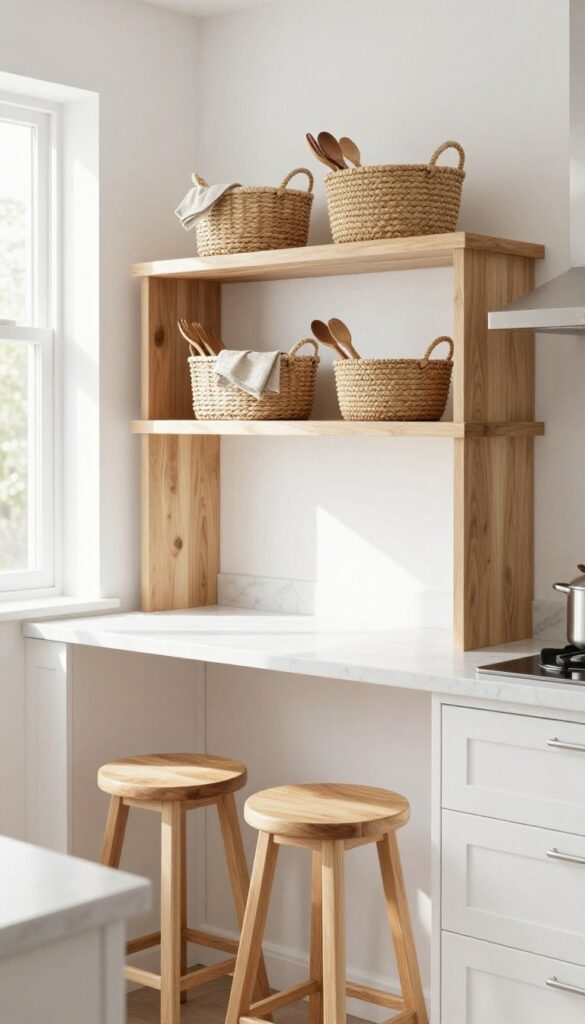 Open shelf island with basket storage and stools tucked underneath in a bright kitchen