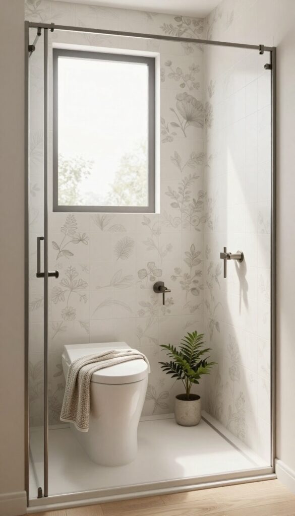 A stylish shower with patterned tiles on the back wall and a solid-colored built-in seat, showcasing playful personality in home decor.