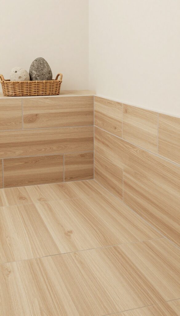 Wood-look porcelain tiles on a shower curb in a bright bathroom with natural light and rustic decor