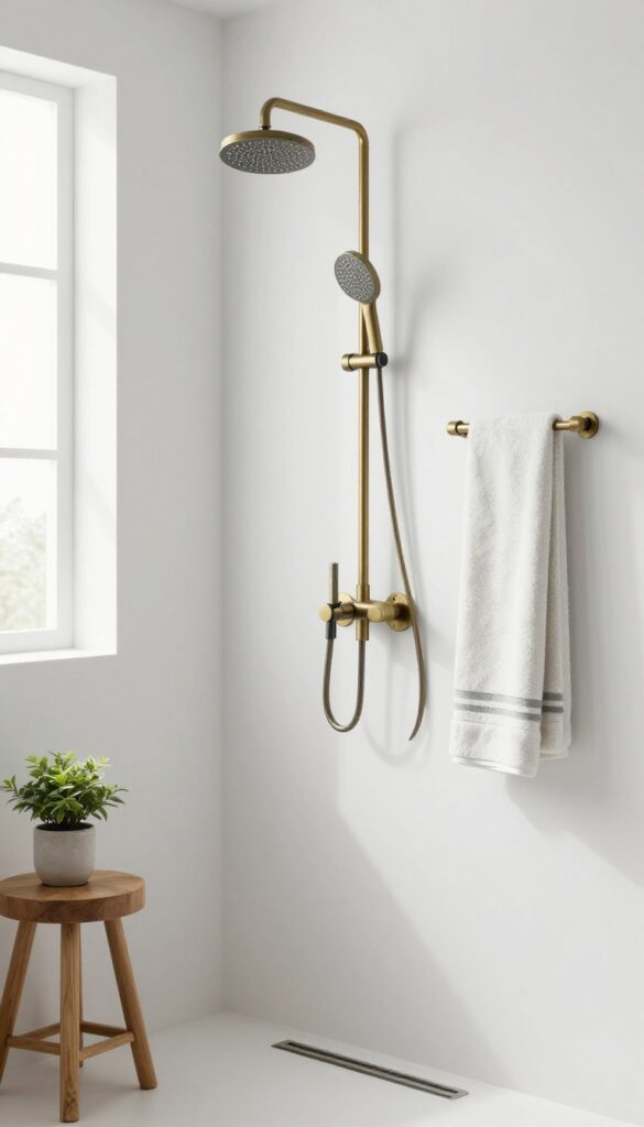 A minimalist white pony wall shower with metallic fixtures in a bright, polished bathroom setting