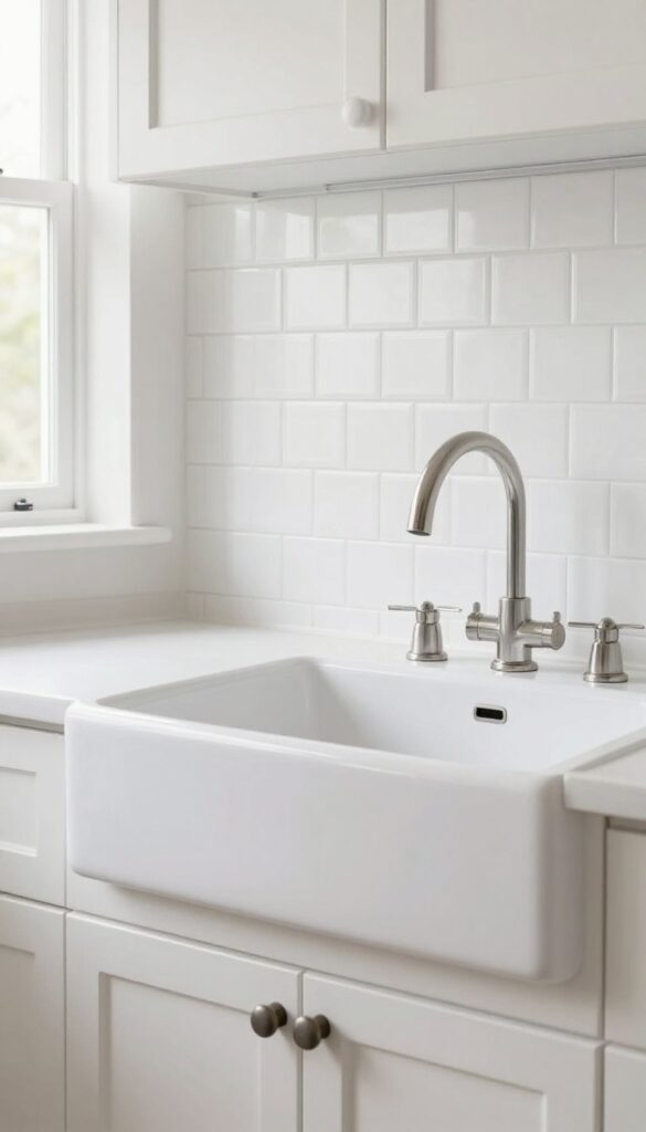 Kitchen backsplash with white bead board and a slim tile border, framed like a picture frame, behind a farmhouse sink and stove.