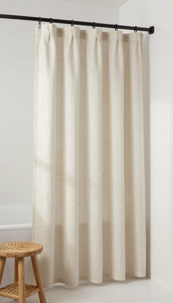 Minimalist linen shower curtain in neutral cream tones, softly draped in a bright bathroom with natural light, creating a calm and airy spa-like vibe.