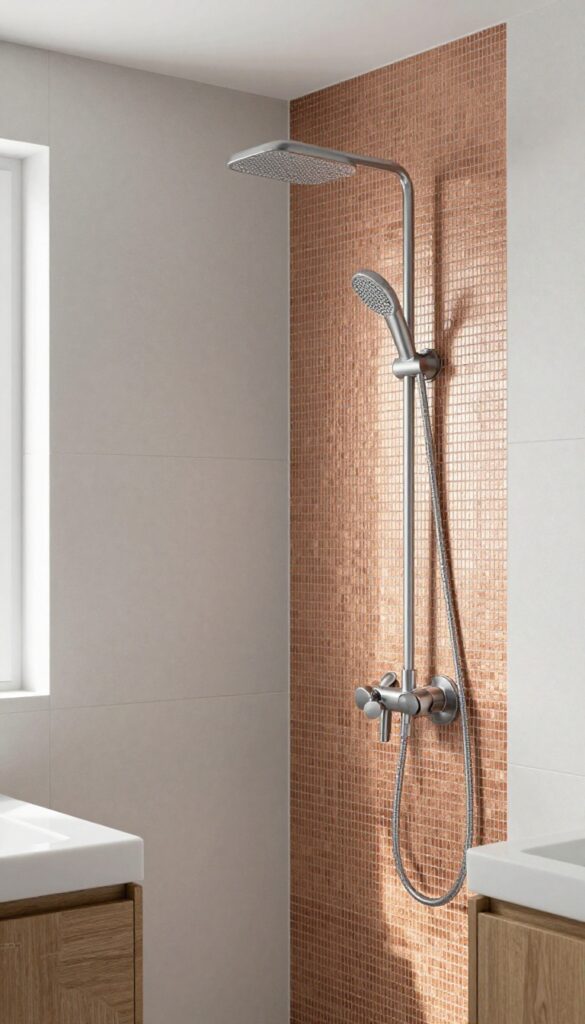 Close-up view of copper mosaic accent tiles in a shower niche with natural light reflection on neutral bathroom walls
