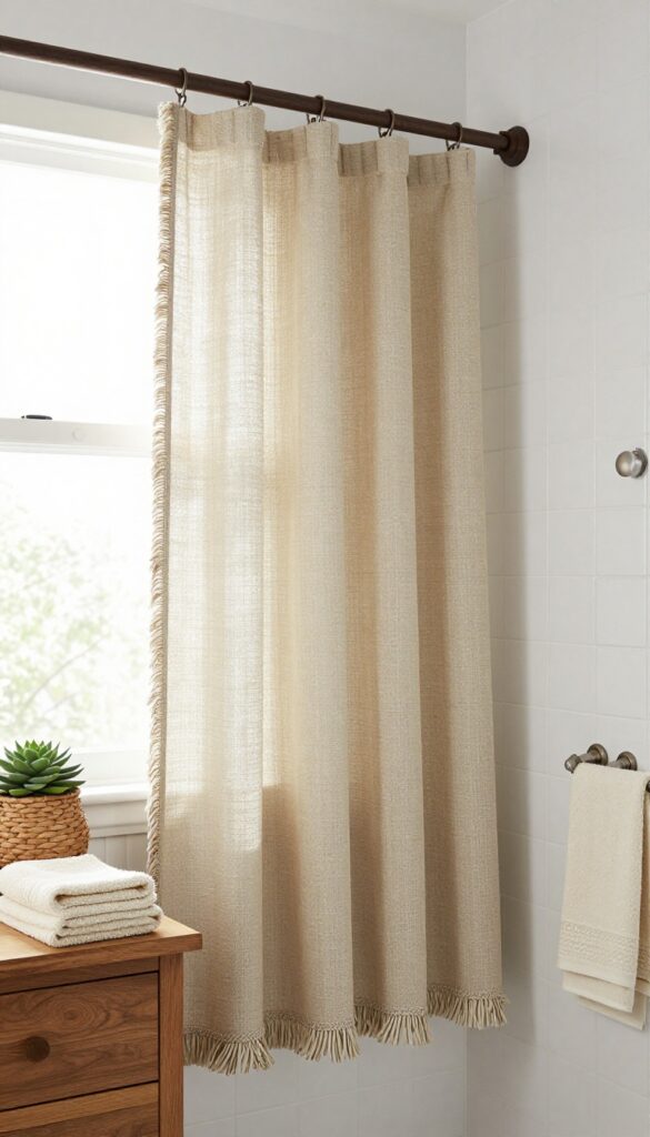 Rustic bathroom with burlap shower curtain featuring fringe trim, wooden accessories, natural light, and neutral decor elements.