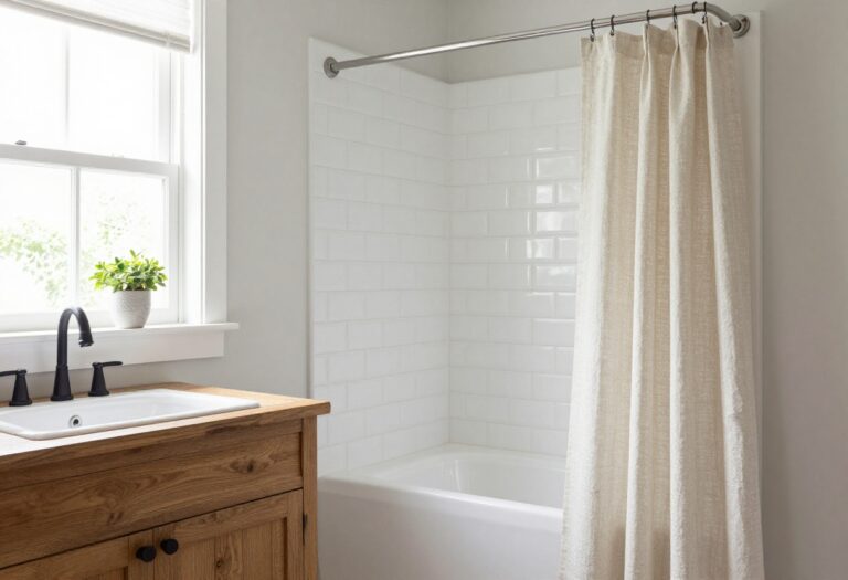 Farmhouse bathroom with a linen shower curtain, wooden vanity, and subway tile shower in natural light.