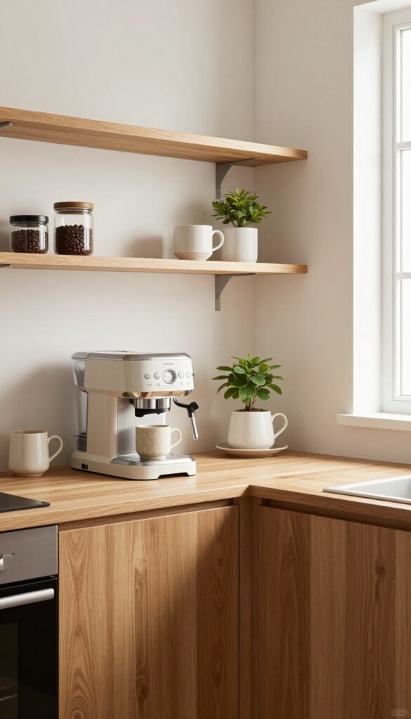 Corner coffee station with open shelving in a bright kitchen