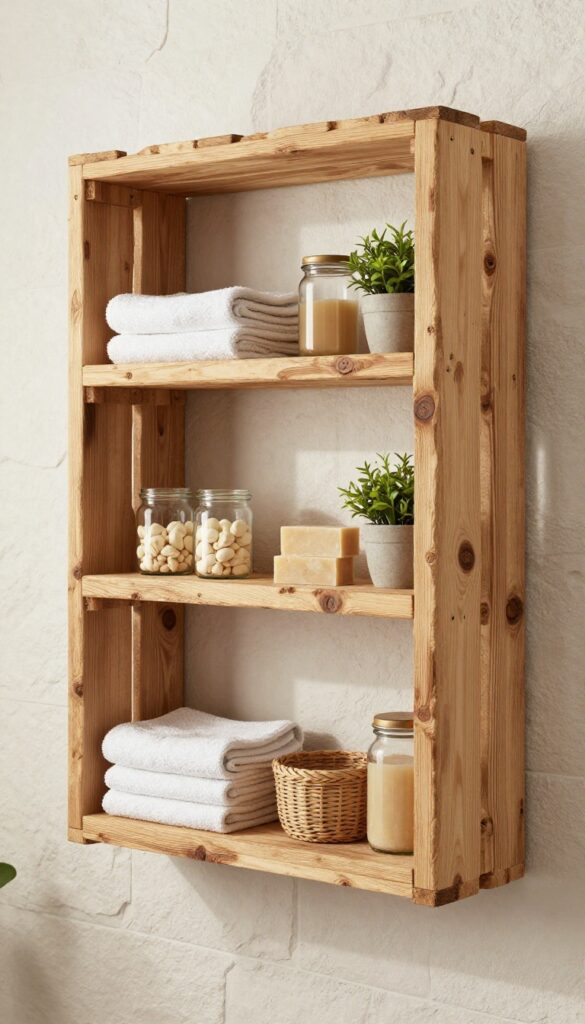DIY pallet shelving in an off-grid bathroom for rustic storage inspiration