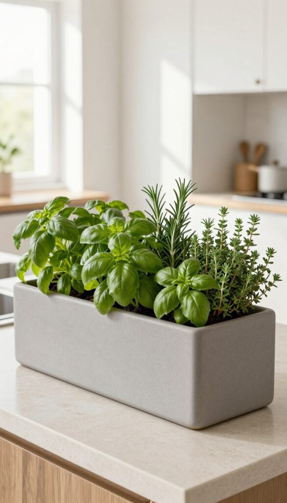 Low profile herb planter on kitchen island with fresh basil, rosemary, and thyme