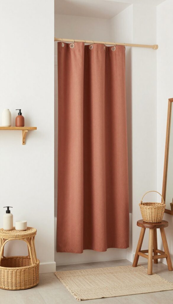Minimalist boho bathroom with terracotta shower curtain, clean lines, neutral mats, rattan shelf, and wood accents in bright natural light.
