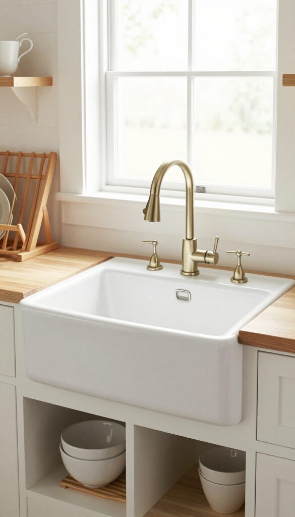 Farmhouse kitchen with white apron sink, gooseneck faucet, and wooden drying rack.