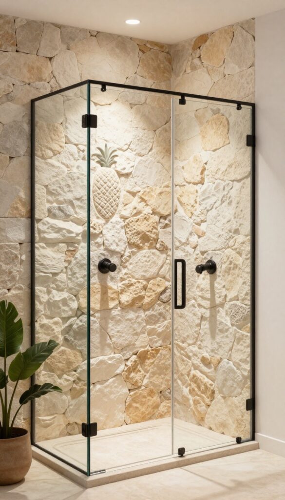 A rustic knee wall shower with stone veneer, featuring natural textures, matte black fixtures, and plants in bright light.