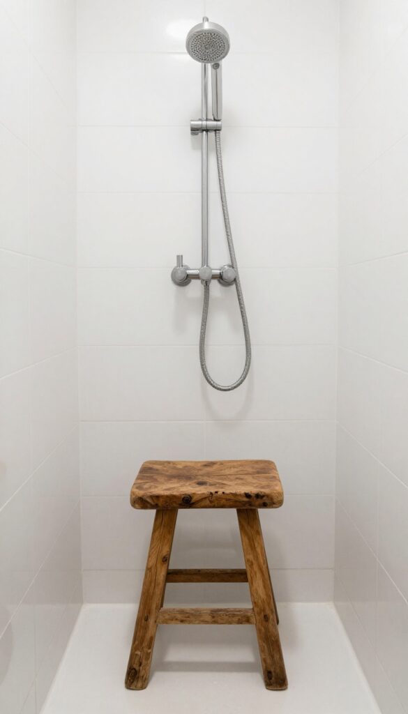 Vintage wooden milking stool in a bright tiled shower corner