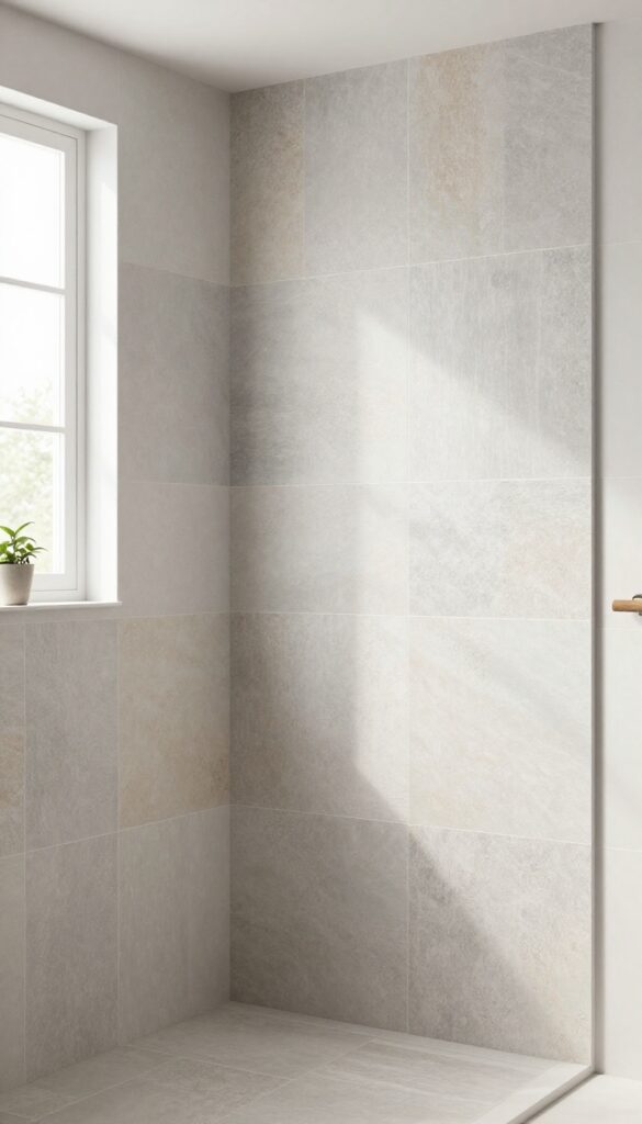 A single shower stall featuring textured tile patterns in neutral tones, with natural lighting and clean design elements like plants and wood accents.