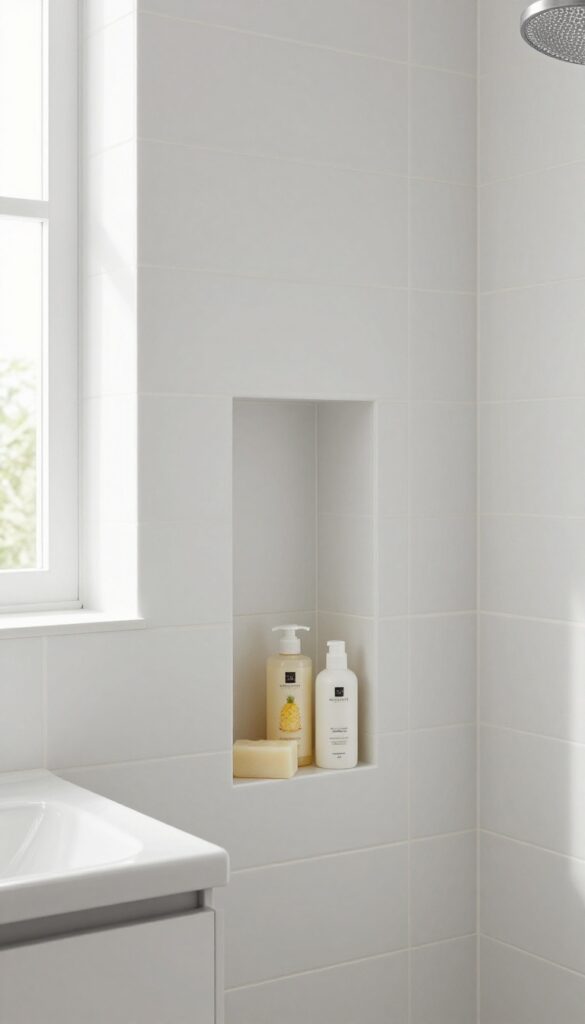 A built-in niche in a shower wall with neatly stored toiletries, demonstrating sleek storage without clutter in a bright, modern bathroom.