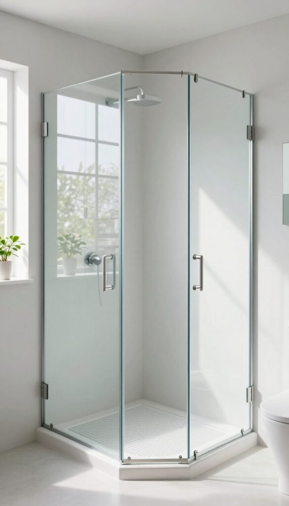 A sleek bathroom with frameless glass shower doors, natural light, minimalist hardware, and decorative plants for a polished look.