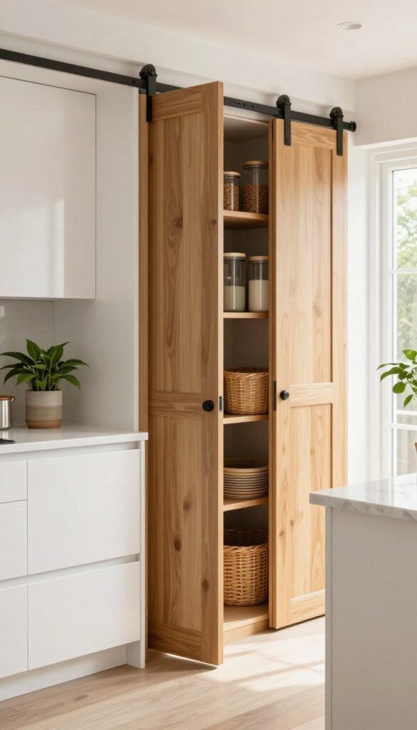 Modern kitchen with hidden pantry behind a sliding barn door, bright natural light, organized interior.