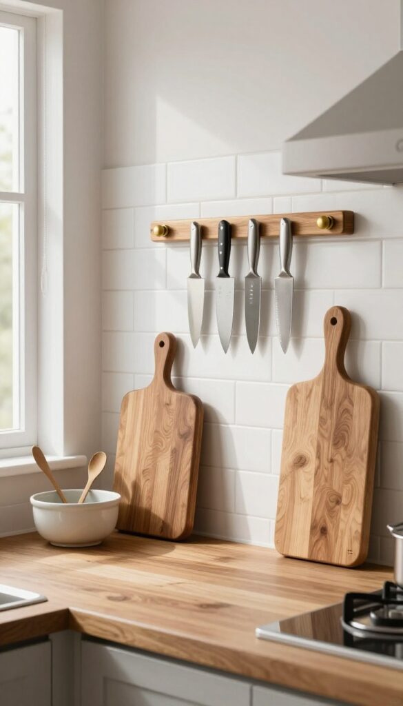 Wall-mounted wooden magnetic knife strip holding knives on backsplash in small modern kitchen