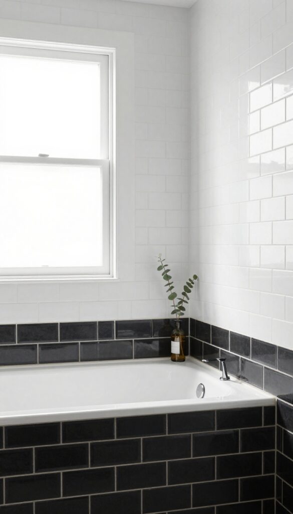 Two-tone tile wall with dark bottom and light top tiles, floating teak shelf with eucalyptus in a modern bathroom.