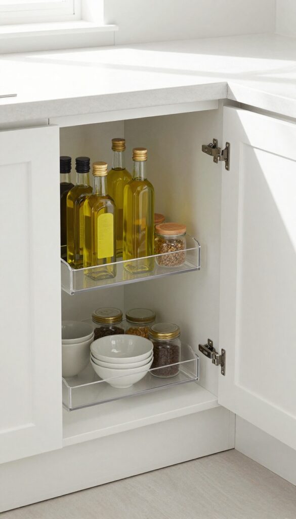 Open deep corner cabinet with clear acrylic lazy Susan organizing bottles and jars