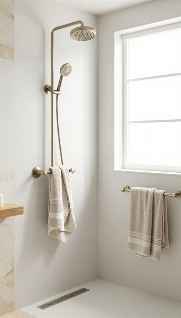 A brushed nickel shower fixture set in a bright bathroom with natural materials like wood and stone accents.