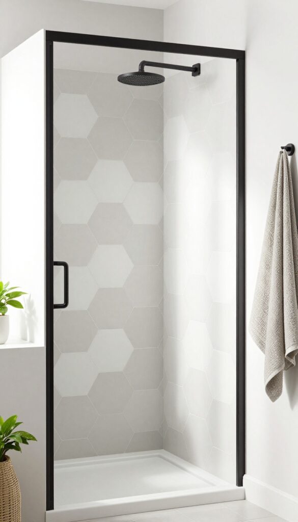 Close-up of a shower curb with geometric hexagon tiles in gray and white tones, featuring matte black fixtures and soft accents like plants and towels in a minimalist bathroom setting.