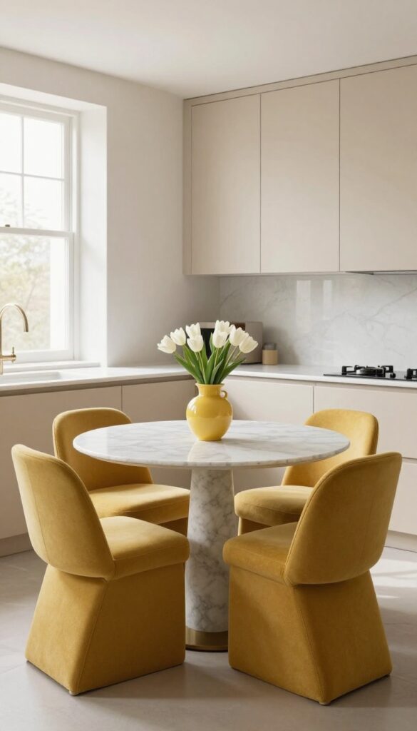 Neutral kitchen with mustard yellow chairs as a pop of color
