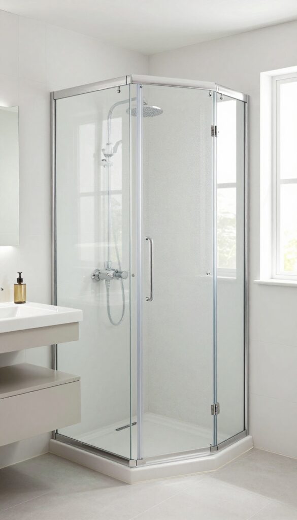 Corner shower enclosure in a small bathroom with natural light and clean design
