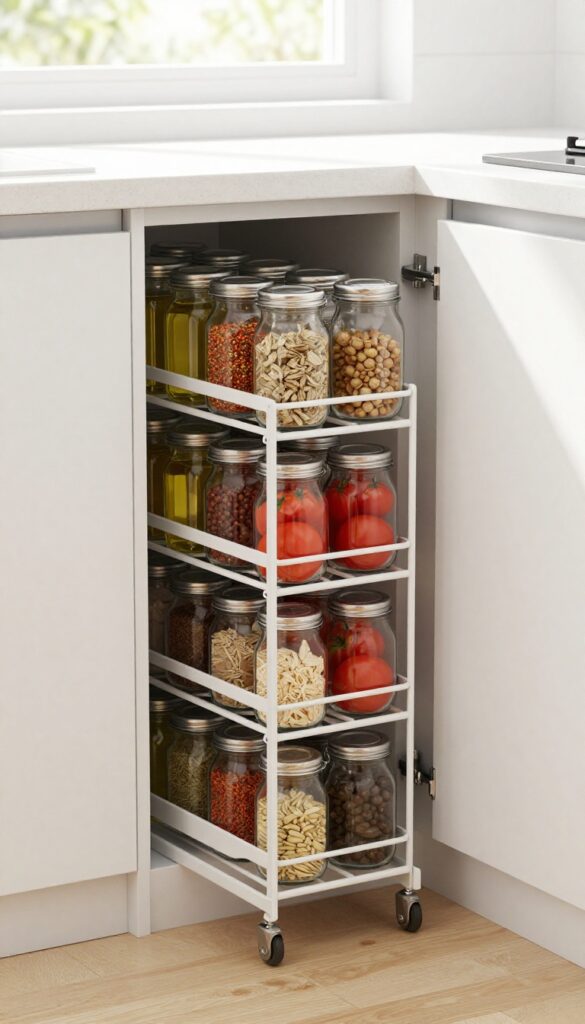 Pull-out pantry rack in narrow gap between fridge and wall, filled with clear jars of spices and canned goods.