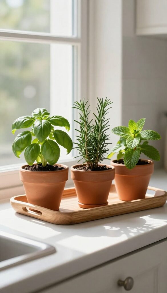 Kitchen windowsill with three terracotta pots of fresh herbs on a wooden tray in natural sunlight.